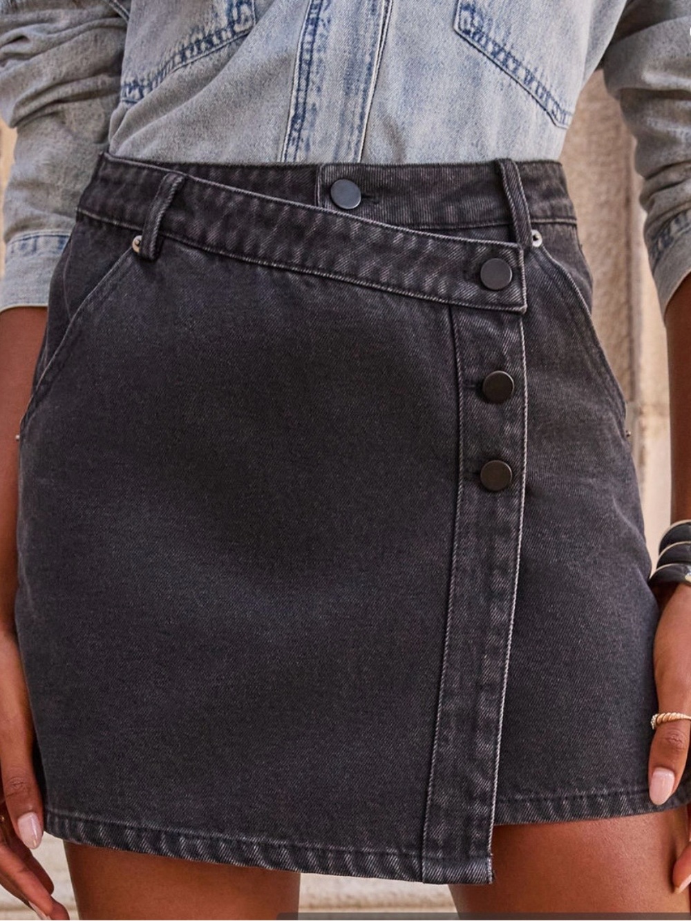 Vici Washed Charcoal Black Asymmetric Snap-Front Denim Mini Skirt
